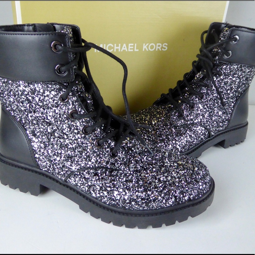 Michael Kors Chunky Glitter Alistair Lace Up Combat Boots Faux Leather Zip NIB